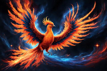 Poster -  Phoenix bird fire fantasy firebird abstract magic 3D eagle animal. Phoenix bird fire tale character illustration render hawk fairy wings graphic feather gold background Fenix logo icon red art phoeni