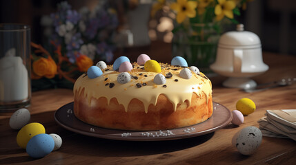 Wall Mural - Easter cake with eggs decoration Easter background sweet cake