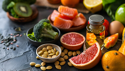 Vitamin D omega 3 with other vitamins, minerals and fruits, on a table