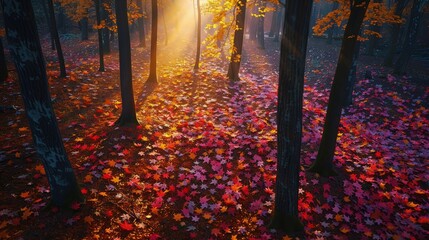 Poster - A forest in the early morning, viewed from above, showing a carpet of colorful autumn leaves bathed in the soft, warm light of a rising sun.