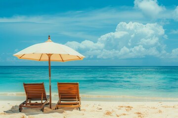 beach with umbrellas and chairs, Chairs And Umbrella In Tropical Beach - Seascape Banner, summer banner