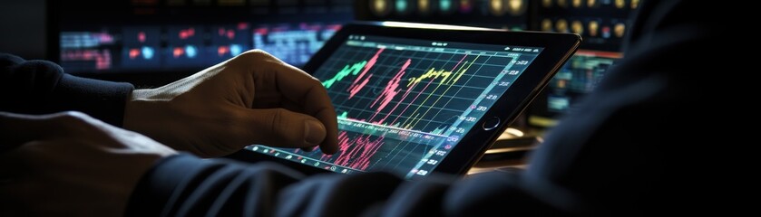 Wall Mural - Hand in financial dance Navigating stock trades on tablet 