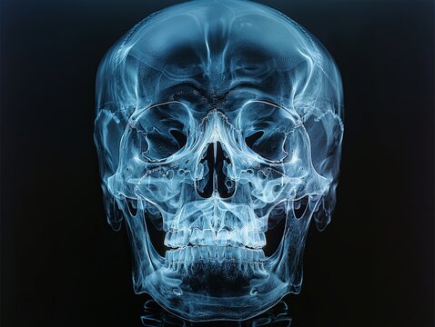 Detailed X-ray image of a human skull showcasing bone structure and anatomy on a dark background.
