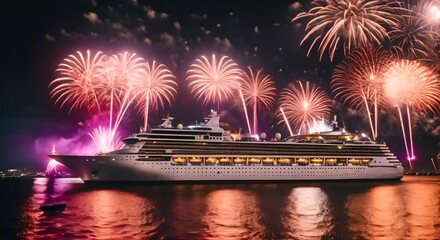 Wall Mural - Cruise at sea with fireworks.