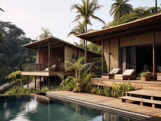 A spa hotel in the jungle. A relaxation area by the pool and modern wooden bungalows. A luxurious vacation. A tourist paradise is ideal for relaxation and honeymoon