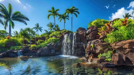 Poster - A luxury resort garden wallpaper, beautifully landscaped with tropical plants and a small waterfall, all under a clear blue sky.