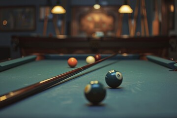 A close-up shot of a billiards table with a pool cue and balls scattered around, ready for a game. The cue is positioned near the edge of the table, with the balls reflecting the light.