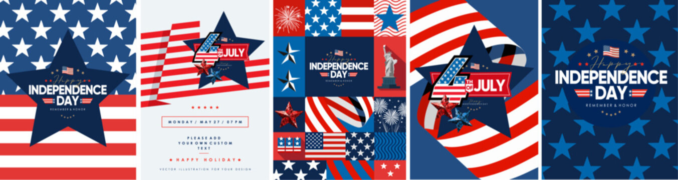 4th of July. US Independence Day. Vector illustration of American flag, star, objects, Statue of Liberty, symbol, sign, ribbon icon for greeting card, poster, banner, background or invitation.  