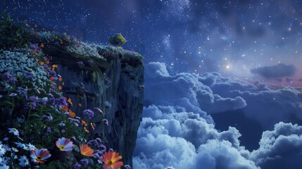 Wall Mural - a magical cliffside view under the stars, with wildflowers glowing under the moonlight and soft clou