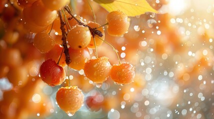 Wall Mural - cherry berries float in the air. ripe harvest, splashes of water. levitation.