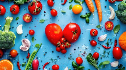 Wall Mural - Healthy foods artfully scattered around a red heart on blue background