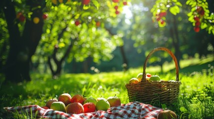 Wall Mural - Healthy picnic in the shade of fruit trees