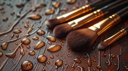 Wall Mural - Makeup brushes on brown background with water droplets