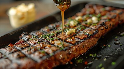 Wall Mural - A close-up shot of a New York strip steak being basted with garlic and herb-infused butter, showing the lean, juicy texture, the basting spoon in mid-action adding a dynamic element.