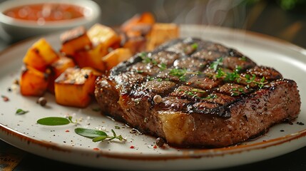 Wall Mural - A close-up shot of a New York strip steak served with a side of roasted vegetables, the lean, juicy texture in focus, steam rising to show the freshness and heat, presented on a white plate.