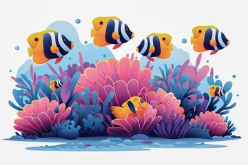Yellow blue white striped tropical fish swim above colorful corals and algae. School of exotic fish isolated on white background. Concept of marine life