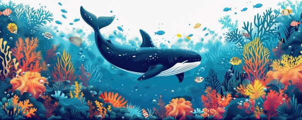 Wall Mural - Blue whale swimming over colorful coral reef and small fish. Large blue whale swims above vibrant coral reefs and seaweeds. Banner with copy space. Concept of marine life and ocean biodiversity