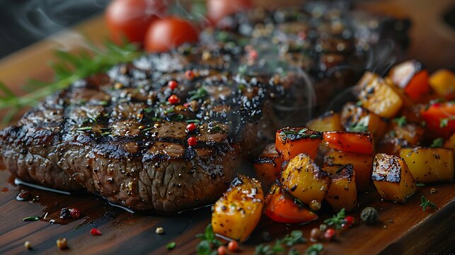 A close-up shot of a porterhouse steak served with a side of grilled vegetables, the marbling and juicy texture in focus, steam rising to show the freshness and heat