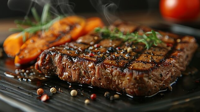 a close-up shot of a porterhouse steak served with a side of grilled vegetables, the marbling and ju