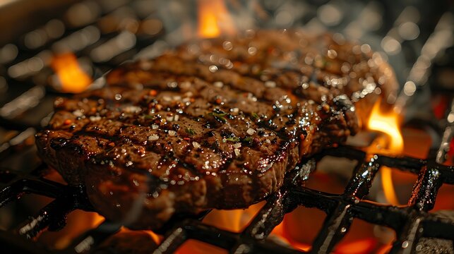 A close-up shot of a porterhouse steak sizzling on a grill, with flames and smoke adding a dramatic effect, emphasizing the marbled fat and juicy, tender texture, complemented by distinct grill marks.