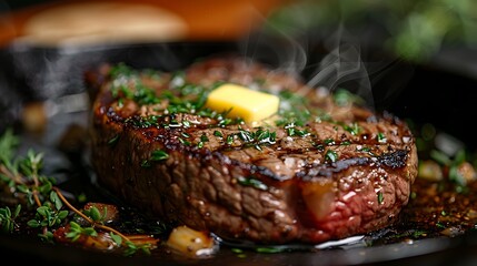 Wall Mural - A close-up shot of a ribeye steak on a cast iron skillet, with butter and herbs sizzling around it, highlighting the marbling, juicy texture, and a perfect sear, the skillet adding a rustic touch.