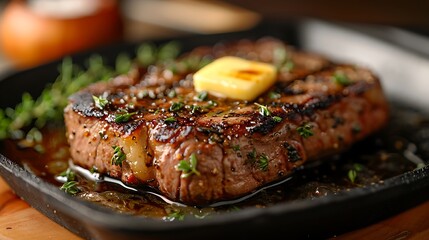 Poster - A close-up shot of a sirloin steak on a cast iron skillet, with butter and herbs sizzling around it, highlighting the lean, juicy texture and perfect sear, the skillet adding a rustic touch.