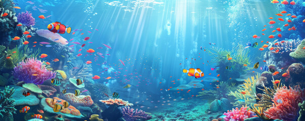 Underwater background with vibrant coral reefs and colorful fish.