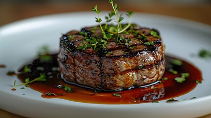 Poster - A close-up shot of a sirloin steak on a white plate, garnished with microgreens and a drizzle of balsamic reduction, emphasizing the lean, juicy texture, the presentation clean and elegant.