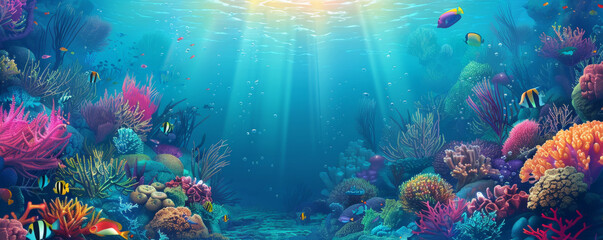 Underwater background with vibrant coral reefs and colorful fish.