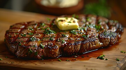 Poster - A close-up shot of a sirloin steak topped with a compound butter and fresh herbs, highlighting the lean, juicy texture, the butter melting over the steak creating a mouth-watering effect.