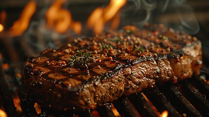 Wall Mural - A close-up shot of a sizzling ribeye steak on a grill, with flames and smoke adding a dramatic effect, emphasizing the marbled fat melting and creating a juicy, tender texture