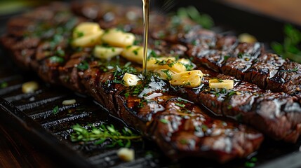 Wall Mural - A close-up shot of a skirt steak being basted with garlic and herb-infused butter, showing the fibrous texture and rich flavor, the basting spoon in mid-action adding a dynamic element