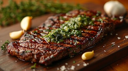 Poster - A close-up shot of a skirt steak resting after cooking, with herb butter melting on top, accentuating the fibrous texture and rich flavor, surrounded by fresh thyme and garlic cloves.