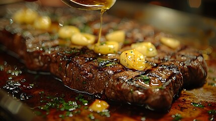 Wall Mural - A close-up shot of a T-Bone steak being basted with garlic and herb-infused butter, showing the marbling and juicy texture, the basting spoon in mid-action adding a dynamic element.