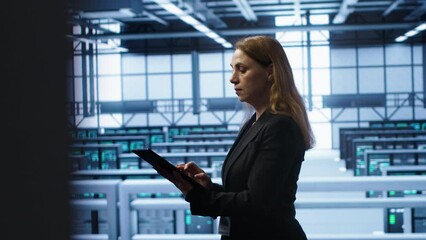 Poster - computer scientist doing checkup, inputting data on tablet of needed fixes in server hub. woman work