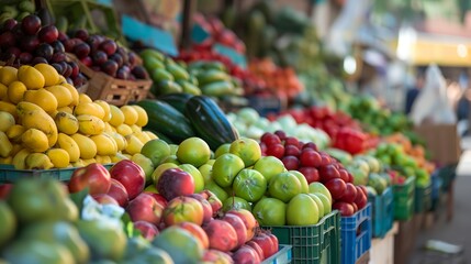 Poster - a fruit stand with many different types of fruit in baskets