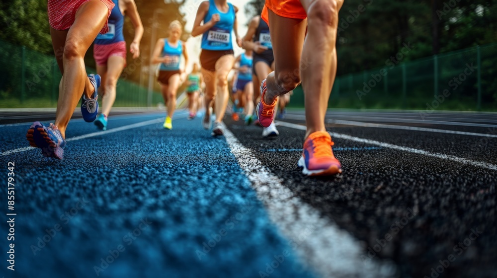 Female athletes running race on the track. sweaty and excited runner ...