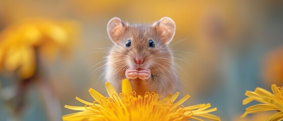 AI generator image of 
a cute field mouse climbing a dandylion to eat the petals