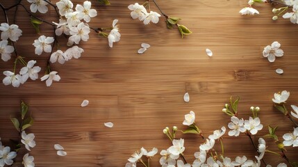 Wall Mural - White cherry blossoms on wooden surface with text space aerial view in spring
