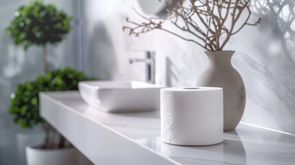 White roll of toilet paper on the luxurious bathroom countertop, modern interior indoor background.