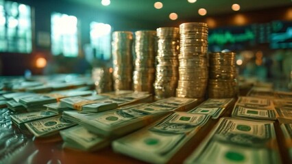 Poster - A close-up image of stacks of US dollar bills and gold coins, with a blurry background of an office setting.