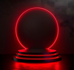 Wall Mural - three-tiered circular stage with vibrant red led lighting and a dark background, ideal for dramatic 