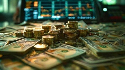 Poster - A close-up image of stacks of gold coins and dollar bills. A stock market data screen is visible in the background.