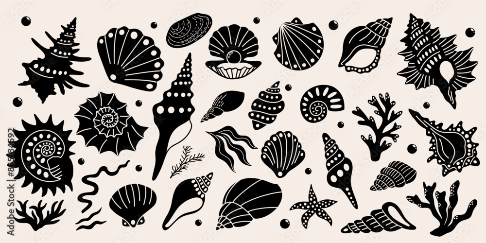Shells Funky Abstract sea shells, plants shapes and forms vector illustration set ...