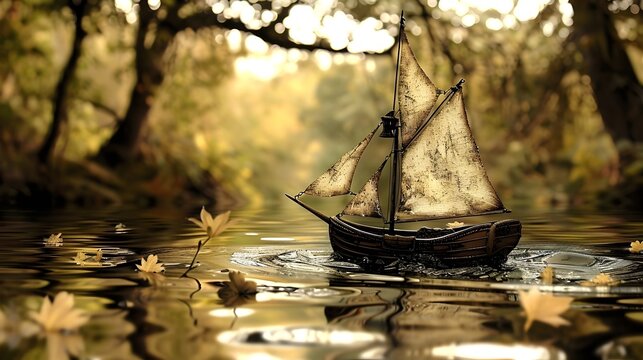 Autumn River Sailboat Tranquil Scene Golden Leaves Reflection