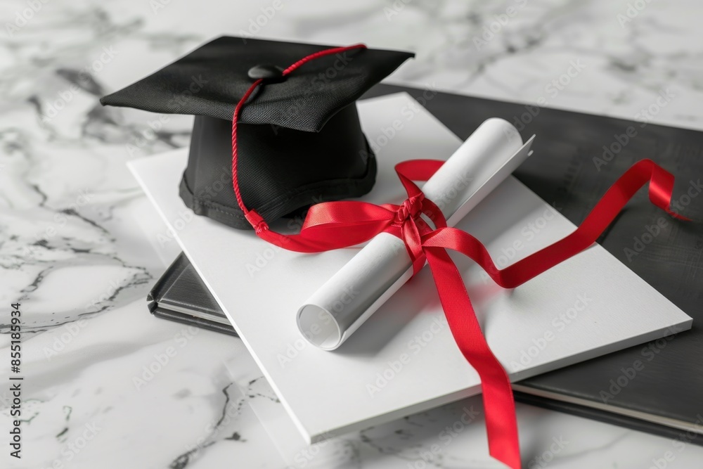 Black and white graduation cap with red ribbon next to diploma on light ...