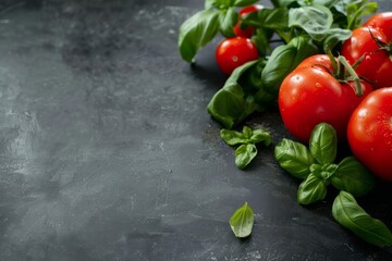 Fresh Tomatoes and Basil on Dark Background. Generative AI