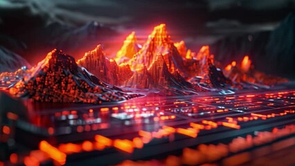 Poster - Digitally rendered image of a glowing mountain range, illuminated by fiery orange light. Futuristic style highlights intricate details.