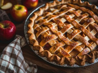 Wall Mural - A single pie sitting on a wooden table, perfect for food and still life photography