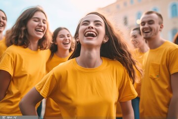 A group of young people wearing bright yellow shirts, possibly for a team or event